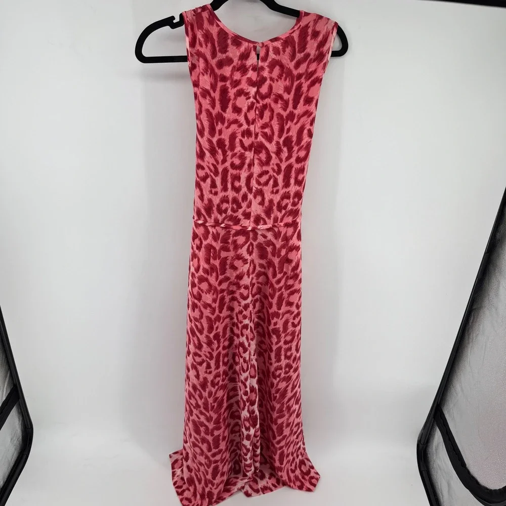 Kate Spade Pink Leopard Print V-Neck Tie Front Midi Dress XS Sleeveless NJMUA674